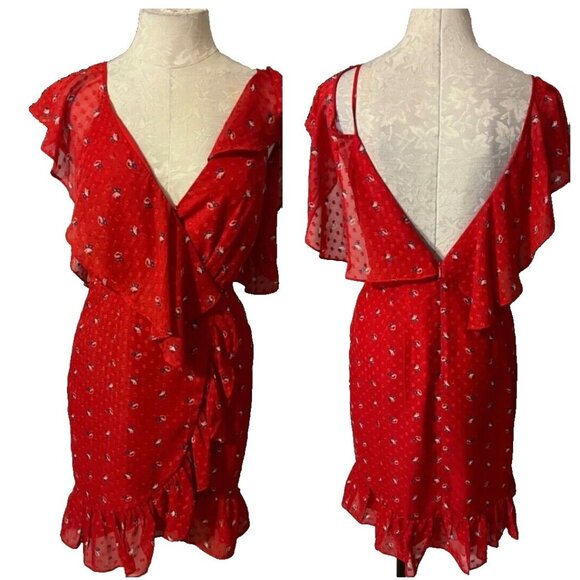 Wayf Dress Red Blue S Small Off Shoulder Flowy Deep V Back Fairy - Picture 1 of 8